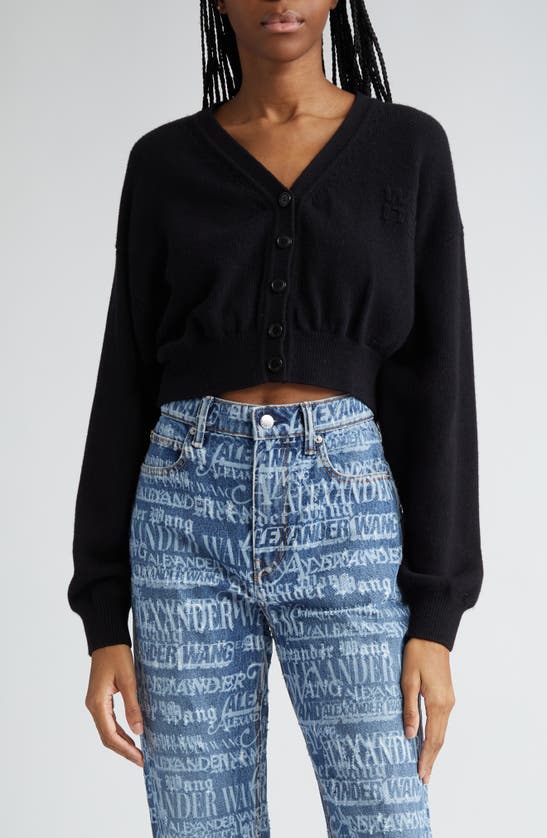 Shop Alexander Wang Embossed Logo Crop Cotton & Wool Cardigan In Black