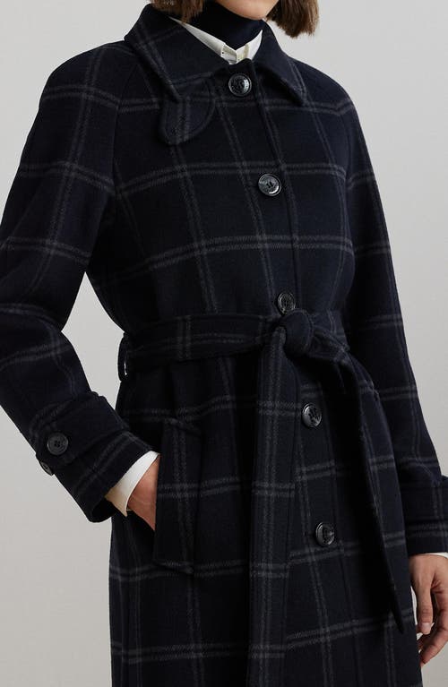 Shop Lauren Ralph Lauren Windowpane Plaid Wool Blend Coat In Navy Blue/grey Windowpane