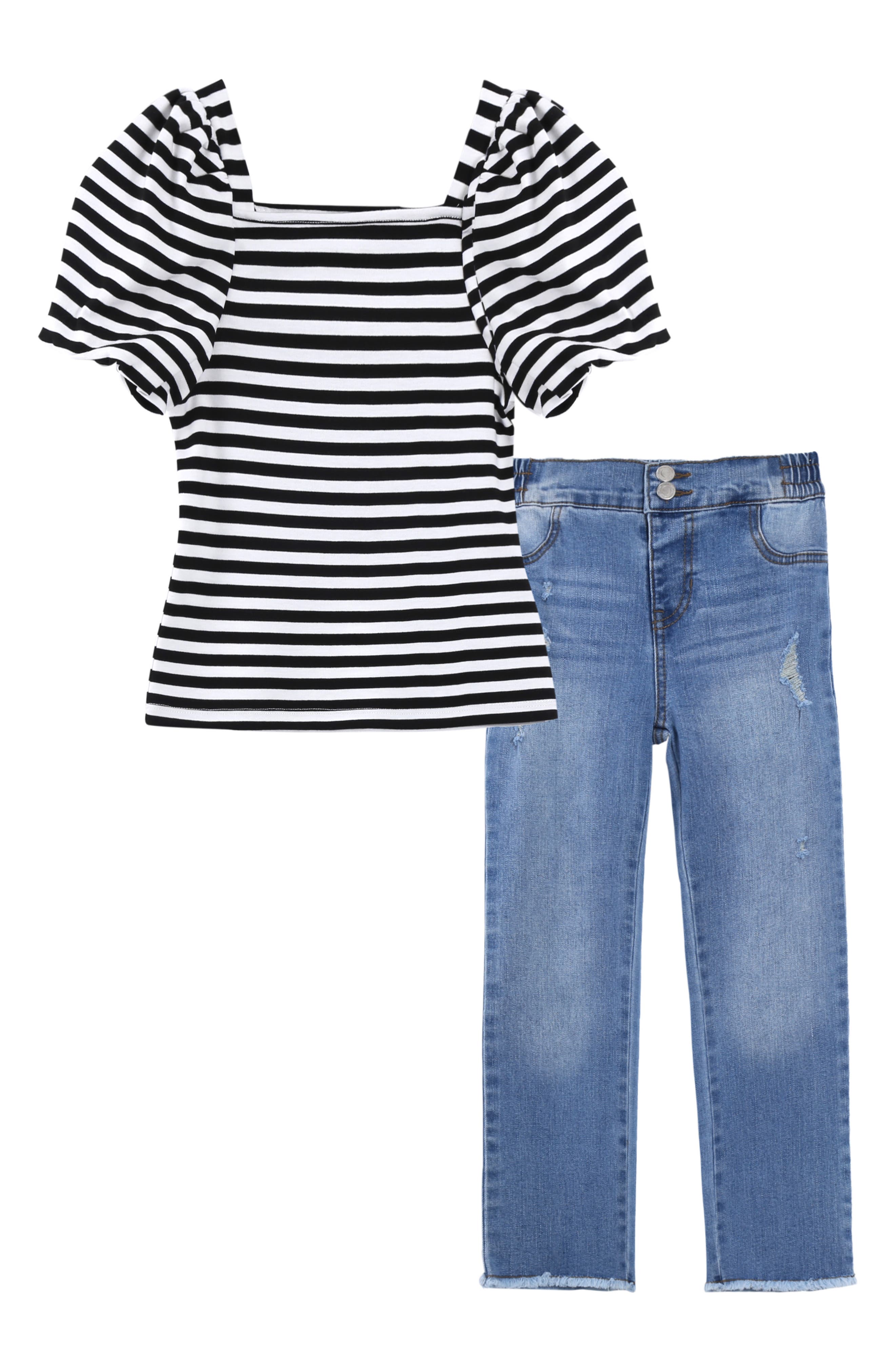 Kids Stripe Top & Stretch Denim Jeans Set in Black/White Stripe at Nordstrom Nordstrom Clothing Jeans Stretch Jeans 
