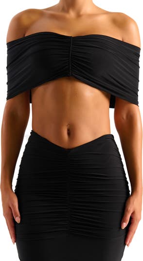 Naked Wardrobe Hourglass Ruched Off the Shoulder Jersey Crop Top
