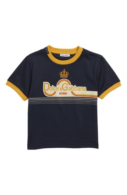 Click to view more detailed imagery on our partner's website Dolce & Gabbana Kids' Boy's Summer Smile Striped Logo T-shirt In Dg Corona Fdo.blu Sc
