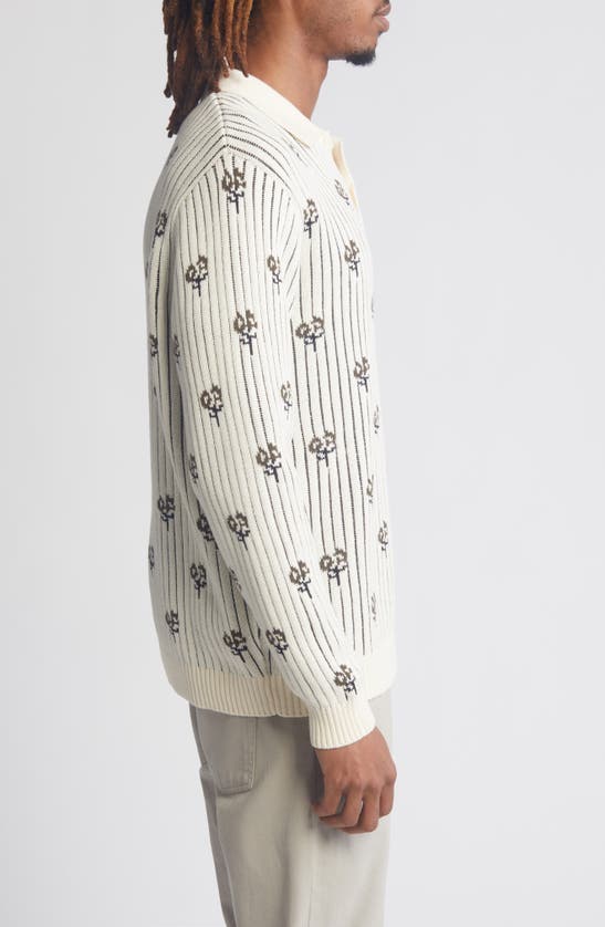 Shop Percival Picnic Floral Jacquard Long Sleeve Cotton Polo Sweater In Ecru