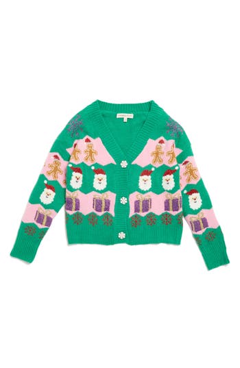 Margaux And Lexi Kids' Stripe Christmas Pattern Cardigan In Green Combo Holiday