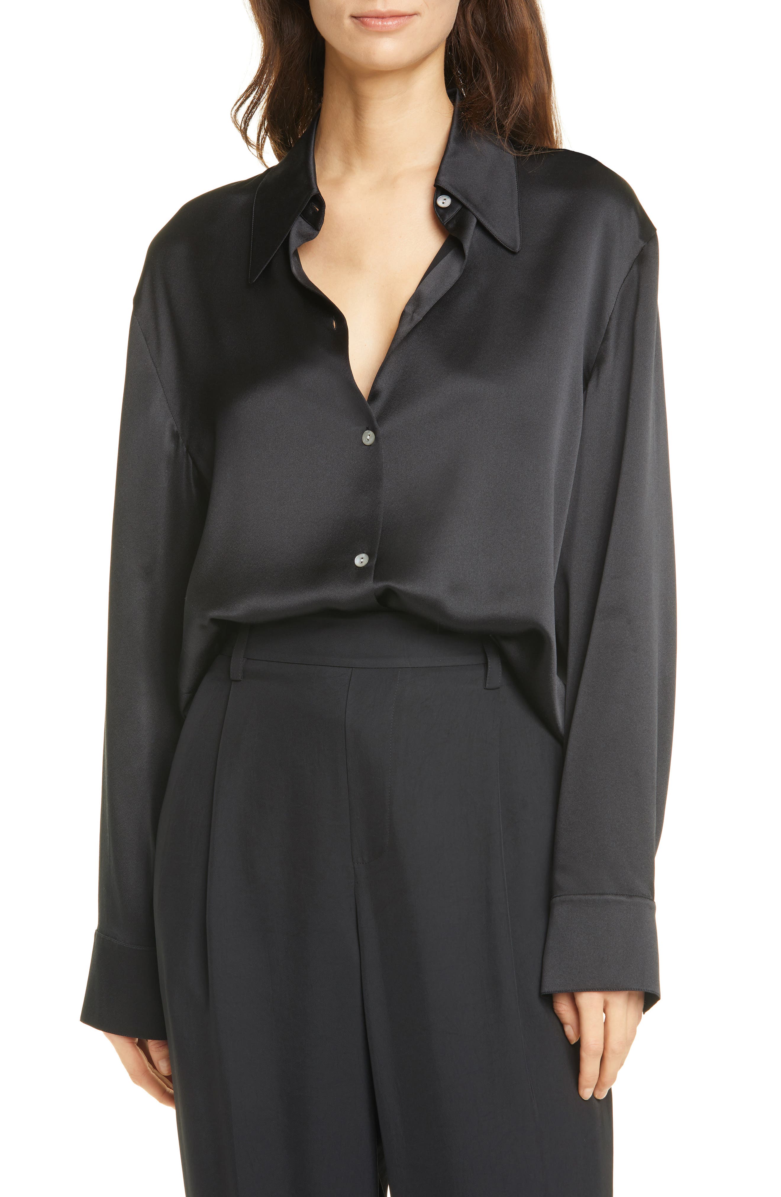 Vince Shaped Collar Silk Blouse In Black