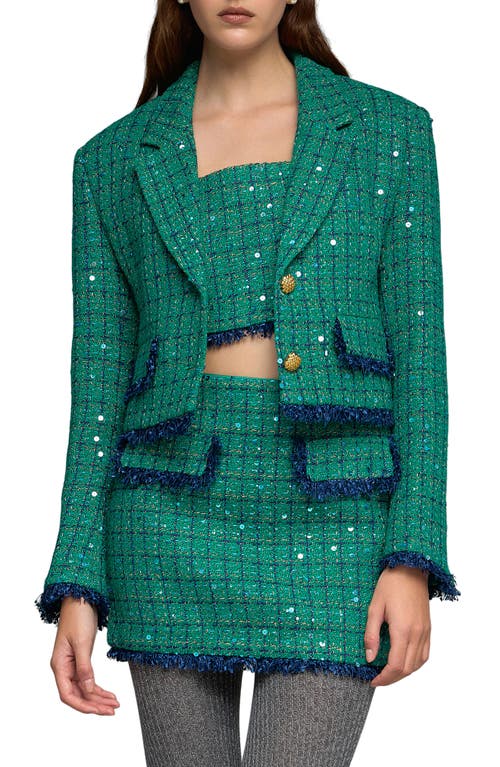 Endless Rose Premium Cropped Sequin Tweed Jacket In Green/navy