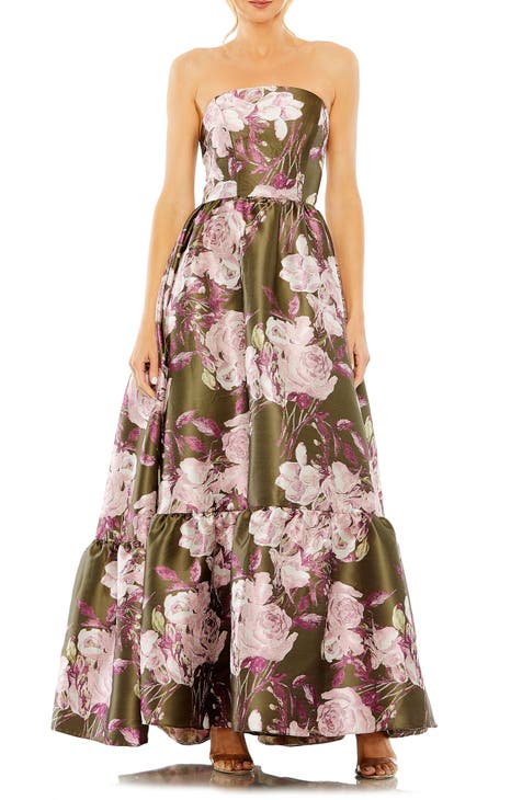 Floral Jacquard Strapless Gown