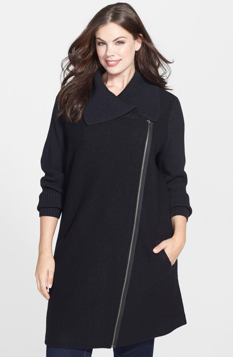 Sejour Knit Trim Asymmetrical Washed Wool Cardigan (Plus Size) | Nordstrom