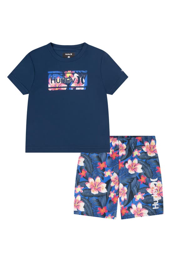 Shop Hurley Kids' Floral Print Swim Shirt & Trunks Set In Signal Blue