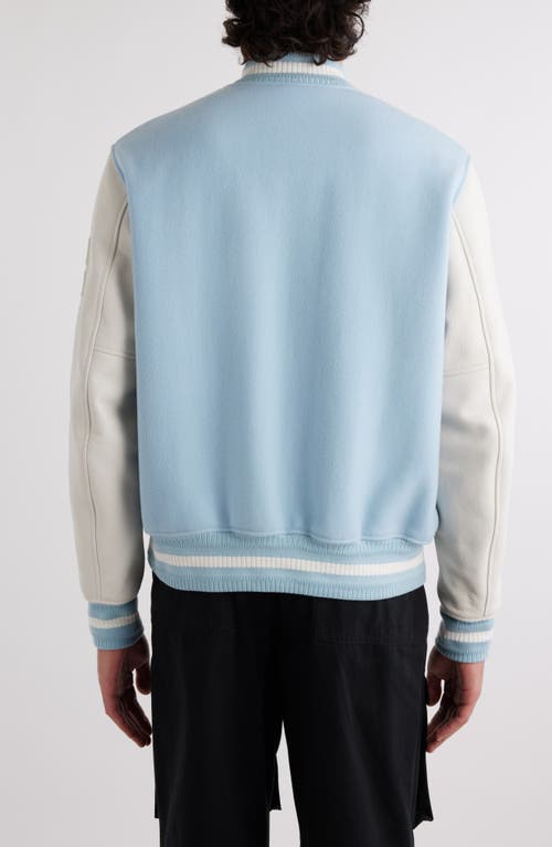 Shop Givenchy Embroidered Logo Mixed Media Leather & Wool Blend Varsity Jacket In White/sky Blue