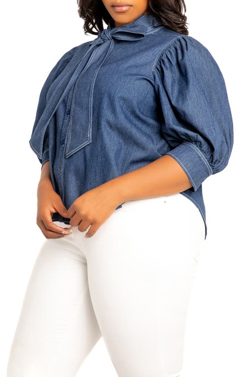 Buxom Couture Bow Neck Denim Shirt In Denim Blue