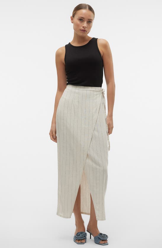 Shop Vero Moda Mindy Pinstripe Linen Blend Faux Wrap Maxi Skirt In Oatmeal Stripes Grey