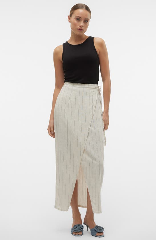 Vero Moda Mindy Pinstripe Linen Blend Faux Wrap Maxi Skirt In Oatmeal Stripes Grey