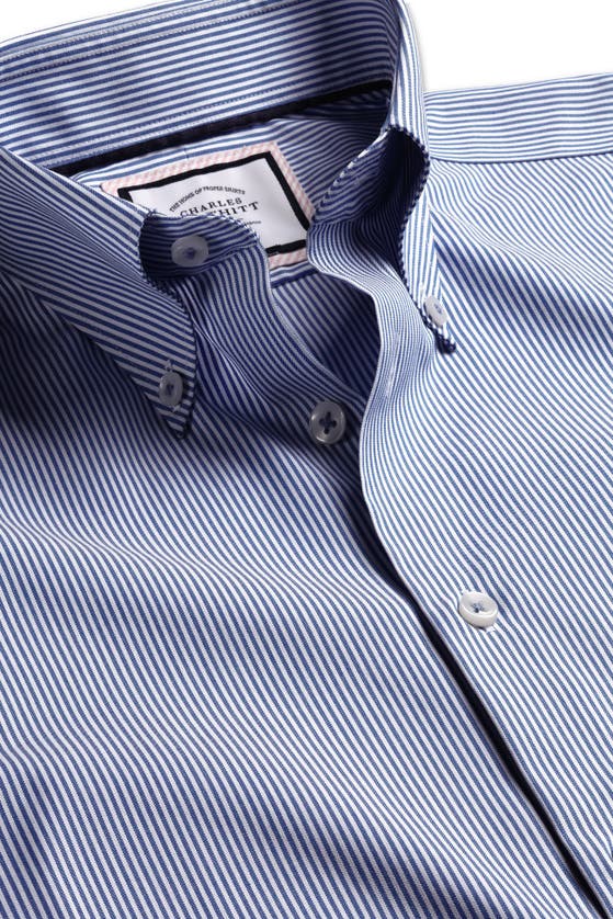 Shop Charles Tyrwhitt Stripe Non-iron Button-down Oxford Slim Fit Shirt Single Cuff In Cobalt Blue