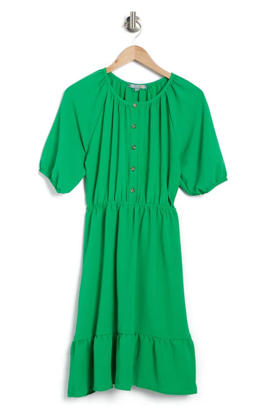 Good Luck Gem Shirred Puff Sleeve Button Front Placket Midi Dress In Ultra Kelly