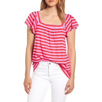 Petite Gibson X Hi Sugarplum! Malta Square Neck Ruffle Sleeve Cotton Blend Tee, Red