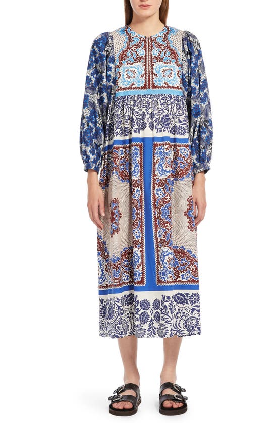 Shop Max Mara Weekend  Ghiotto Floral Print Long Sleeve Cotton Poplin Midi Dress In Turquoise
