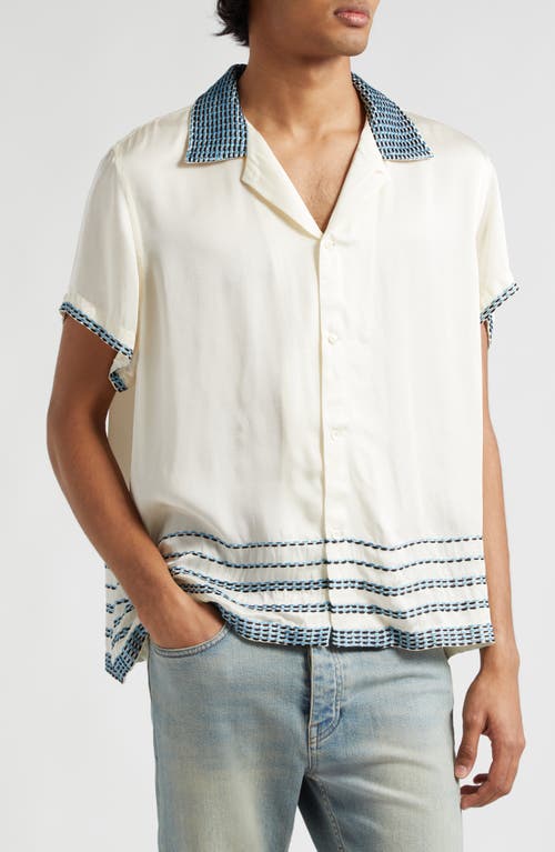 Bode Sellier Embroidered Silk Camp Shirt Cream Blue at Nordstrom,
