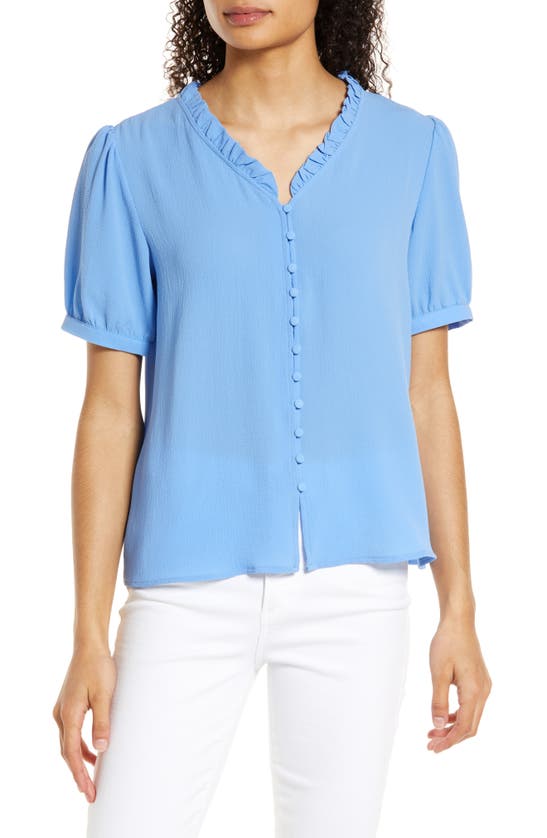 Cece Frill V-neck Button-up Blouse In Blue Jay