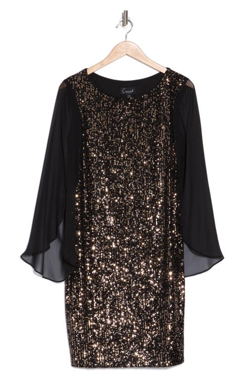 Connected Apparel Sequin Cape Sleevess Dress In Black/gold