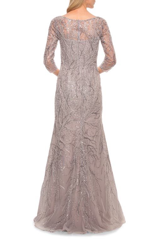 Shop La Femme Beaded Lace Mermaid Gown In Lavender/gray