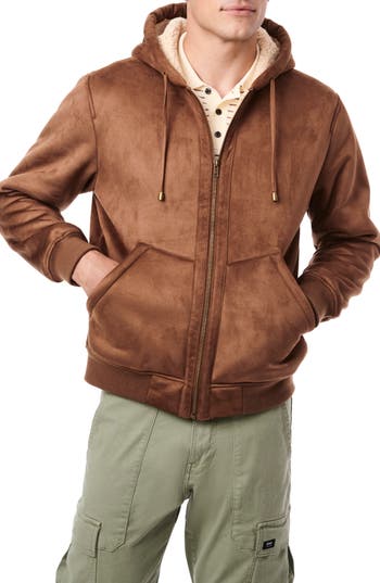 Bernardo Faux Suede High Pile Fleece Lined Hooded Jacket In Camel/cream