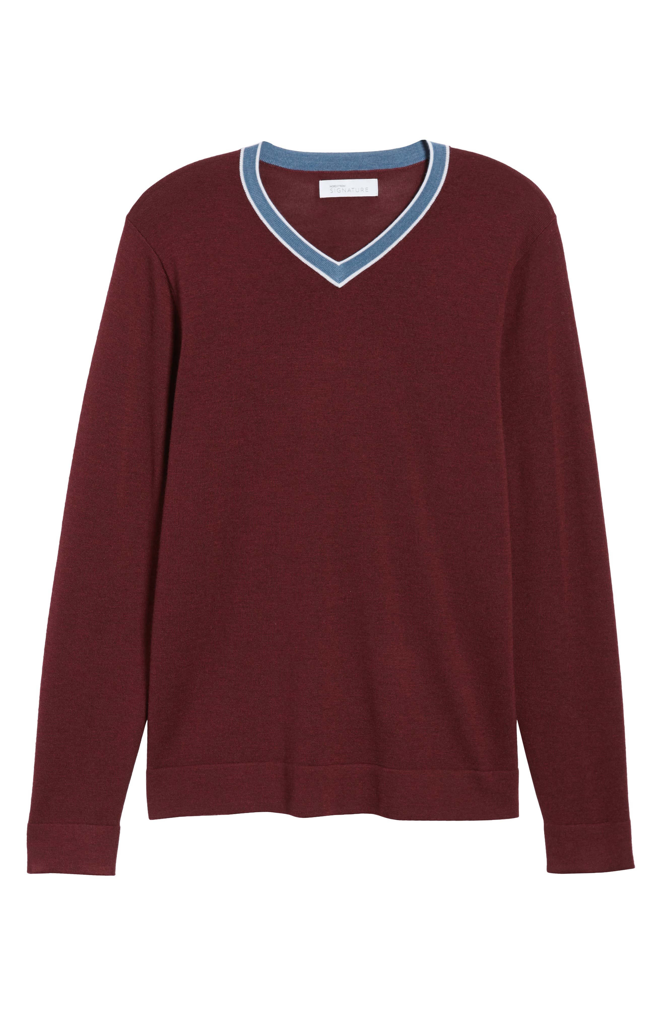 Nordstrom Signature Varsity Merino Wool Blend V-Neck Sweater, Burgundy