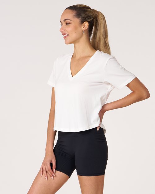 Rebody Active Rebody Essentials V Neck Short Sleeve Top In White