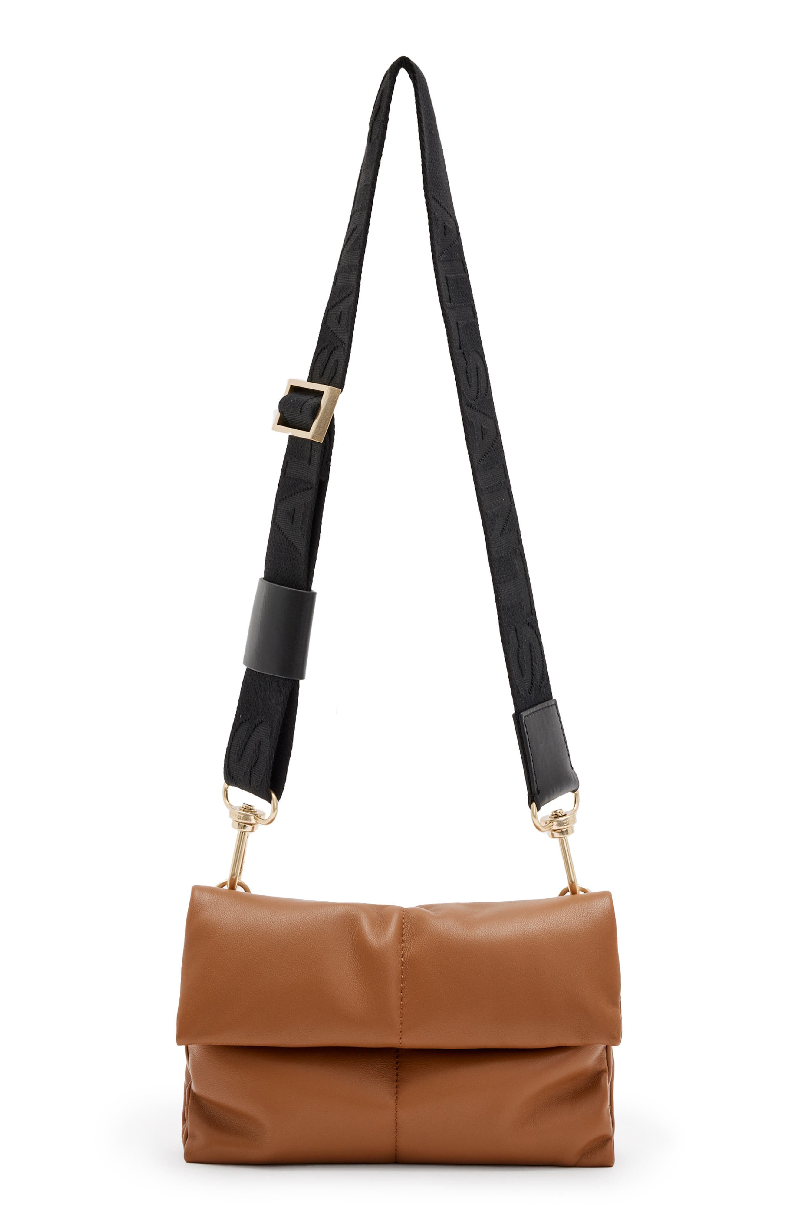 AllSaints Ezra Logo Strap Leather Crossbody Bag in Sepia Brown