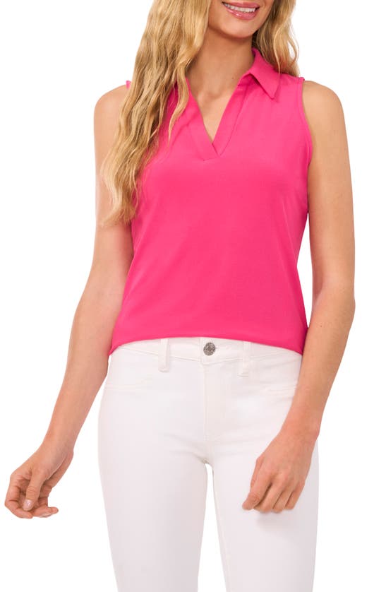 Shop Cece Sleeveless Crepe Knit Polo In Bright Rose Pink