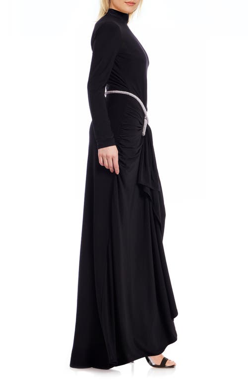 Jewel Badgley Mischka Mock Neck Long Sleeve Belted Dress In Black