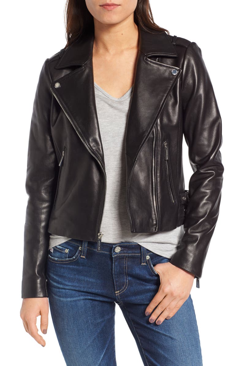 MICHAEL Michael Kors Buckle Detail Leather Moto Jacket | Nordstrom