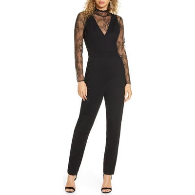 French Connection Tabetha Lula Long Sleeve Lace & Jersey Jumpsuit, Black