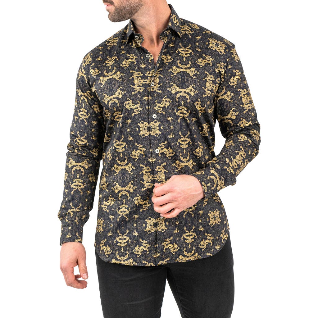 Maceoo Fibonacci Goldendragon Black Contemporary Fit Button-up Shirt In Black