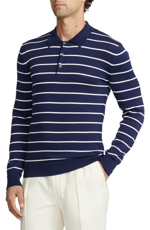 Shop Ralph Lauren Purple Label Stripe Cotton Polo Sweater In Spring Navy/optic White