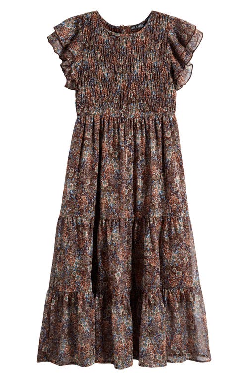 Shop Ava & Yelly Kids' Chiffon Smocked Ruffle Maxi Dress In Brown