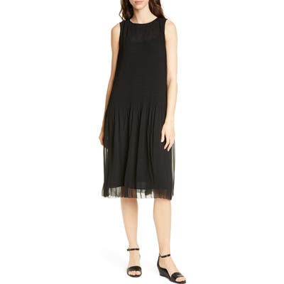 Petite Eileen Fisher Crimped Chiffon Shift Dress, Black