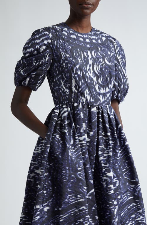 Shop Erdem Ikat Puff Sleeve A-line Midi Dress In Blue