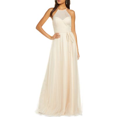 Marchesa Notte Halter Tulle Bridesmaid Gown, Beige