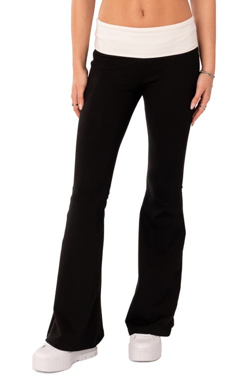 EDIKTED Foldover Contrast Waist Flare Stretch Cotton Leggings Black-And-White at Nordstrom,