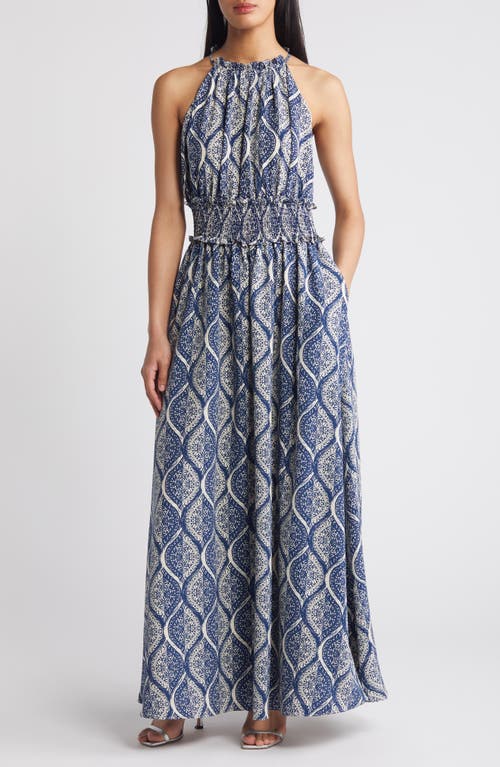 Print Maxi Dress in Blue- Ivory