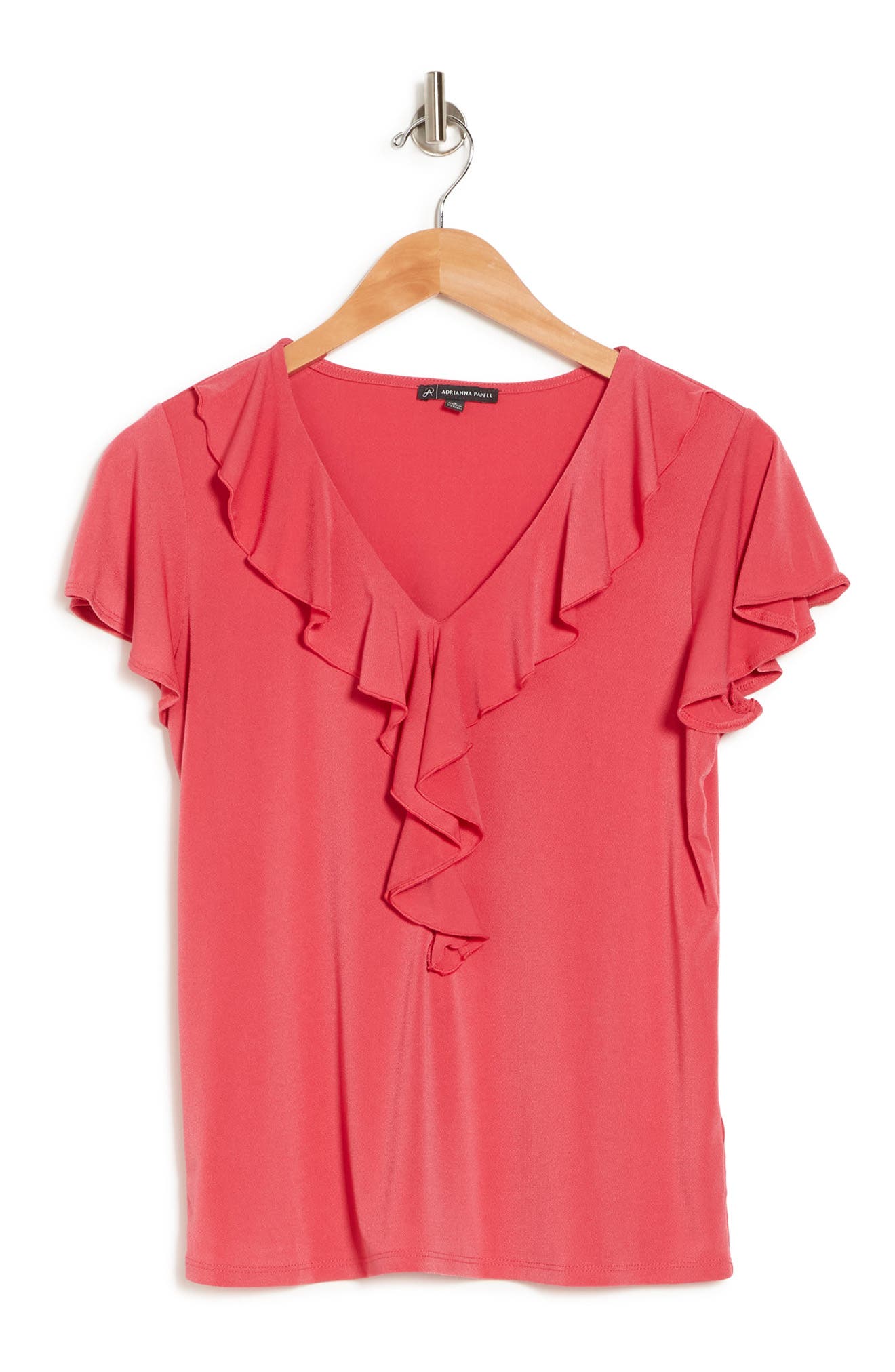 Adrianna Papell Solid Moss Crepe Ruffle V-neck Blouse In Sweetguava
