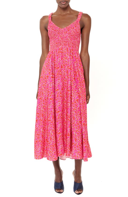 La Ligne Smocked Midi Dress In Fuchsia/ Red/ Tan