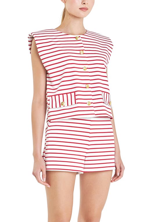 Shop English Factory Stripe Sleeveless Button-up Top In White/red