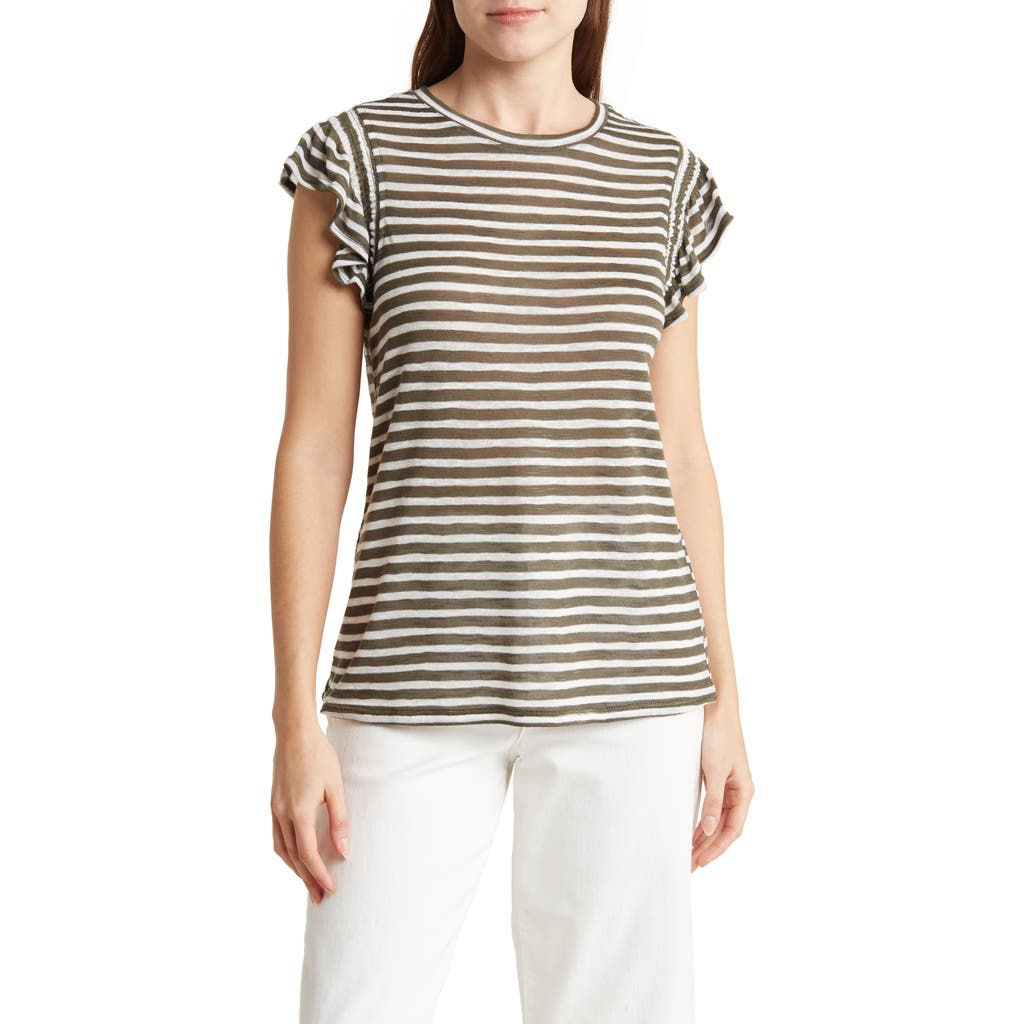 Shop Adrianna Papell Ruffle Sleeve Slub Knit T-shirt In Dk Green/white