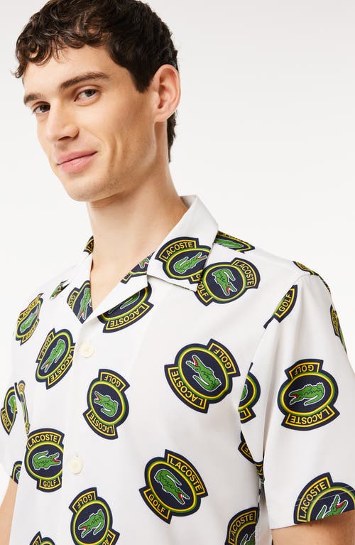 Shop Lacoste Regular Fit Performance Golf Short Sleeve Button-up Shirt In Iqh Farine/ananas-noir