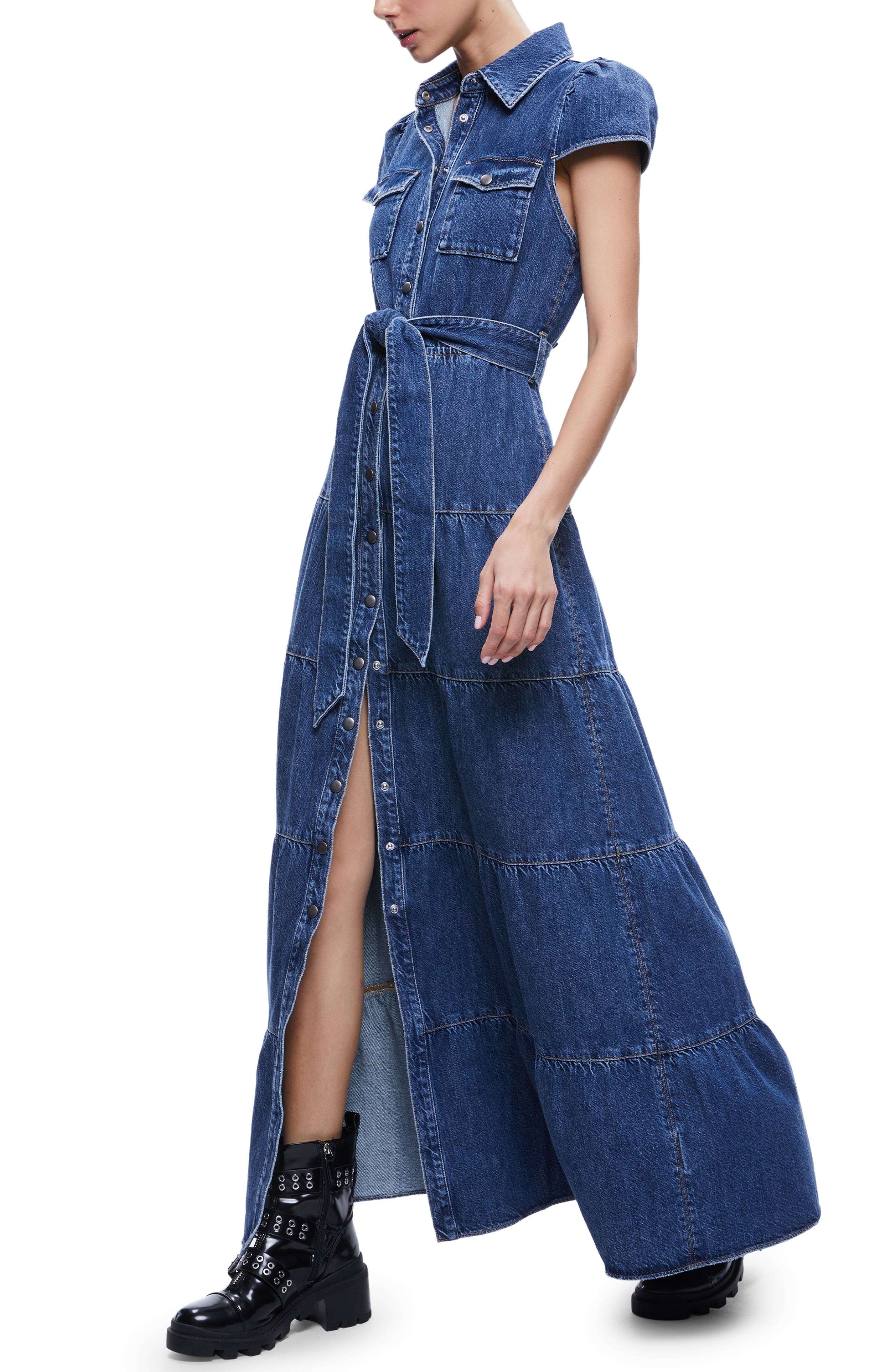 white christmas dresses Alice + Olivia Women's FARA Puff-Sleeve Denim Minidress - Cambria Vintage