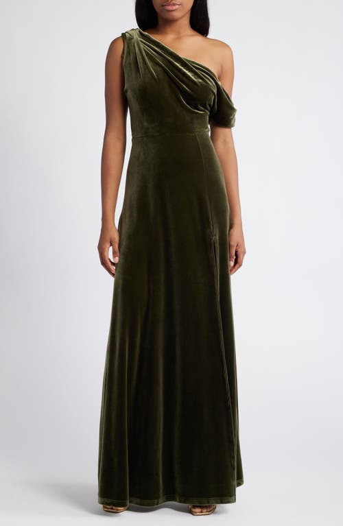 Shop Lulus Coveted Confidence One-shoulder Velvet Gown In Olive