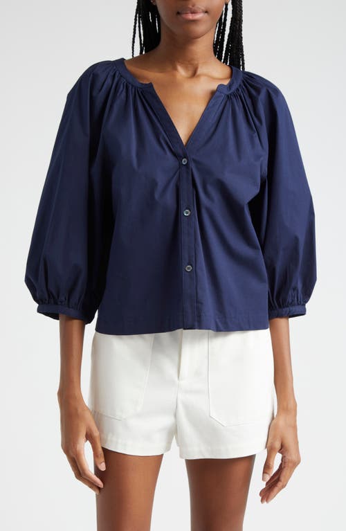 New Dill Stretch Cotton Button-Up Blouse in Navy