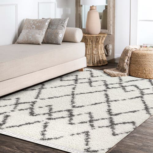 Jonathan Y Mercer Shag Plush Tassel Moroccan Geometric Trellis Area Rug In Ivory/gray