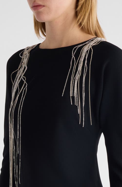 Dries Van Noten Davion Crystal Chain Raw Hem Long Sleeve Midi Dress In Black